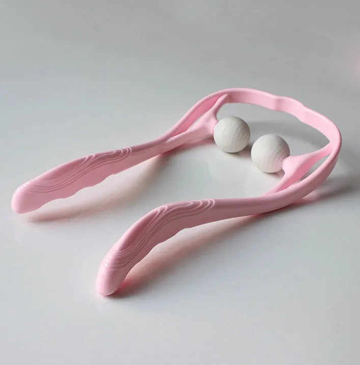Plastic hand-held neck and shoulder massager with adjustable stand in pink, blue, or green colour.