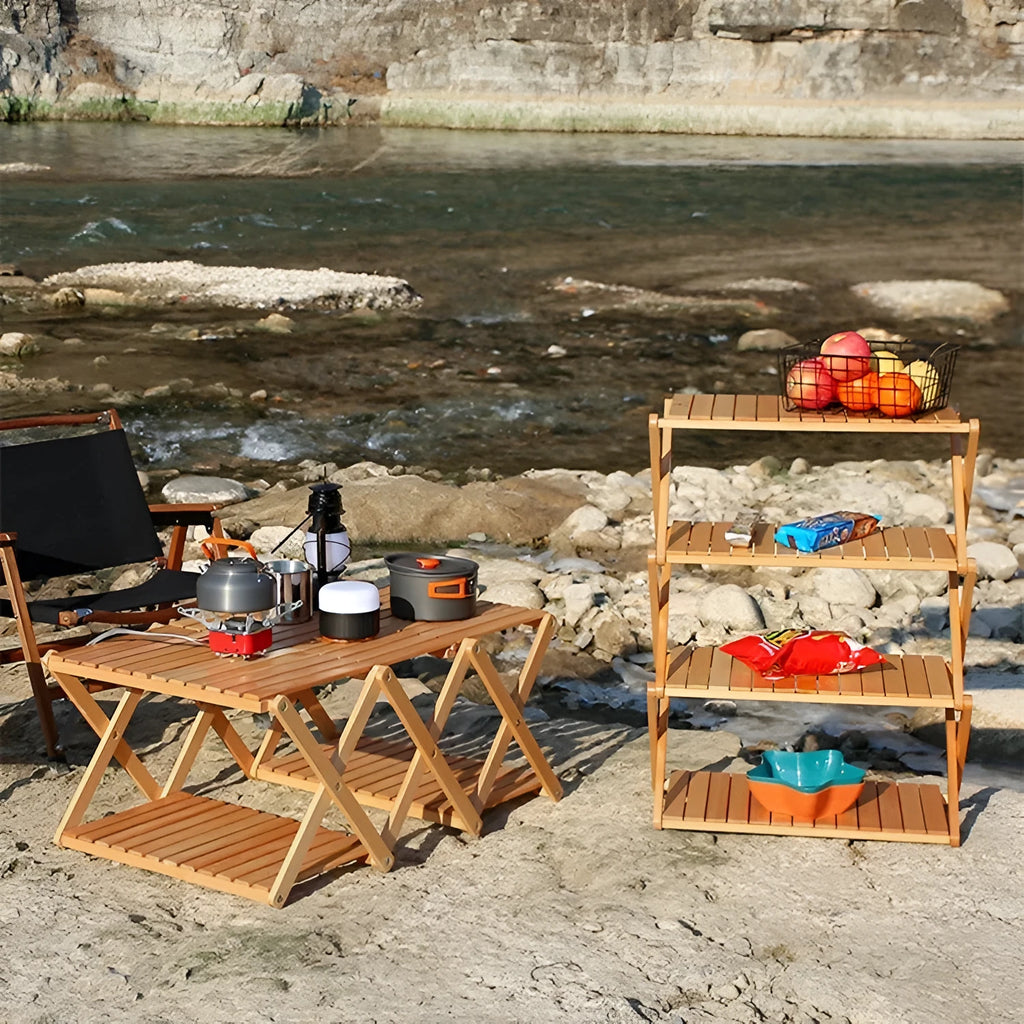 Solid wood folding camping table with storage bag for outdoor picnic barbecue beach use