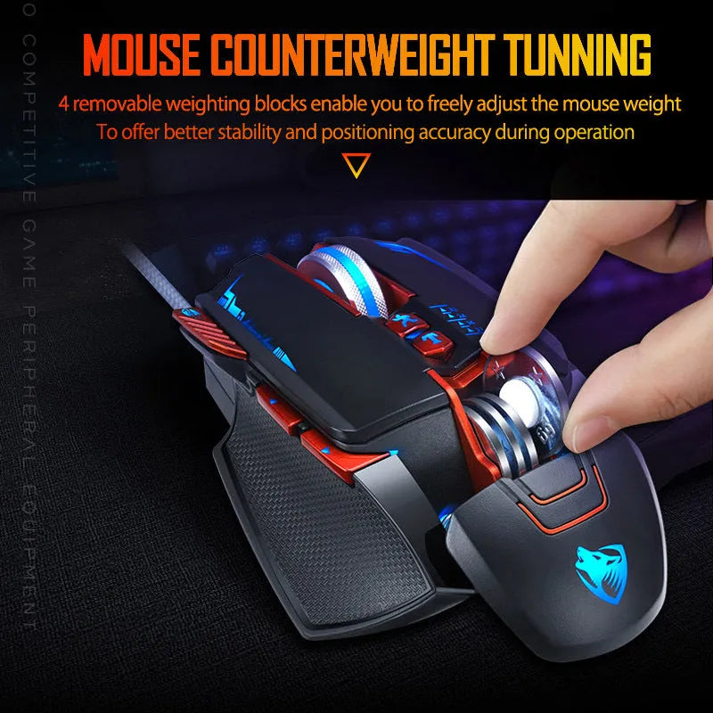 Thunder Wolf V9 black wired gaming mouse with six buttons and ergonomic right-handed shape on a desk