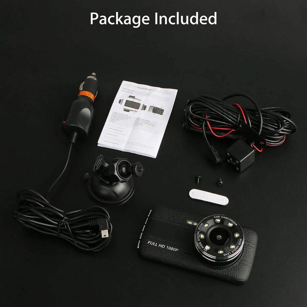 HD driving recorder with 8 night vision lights on windscreen mount showing 4.0 inch screen
