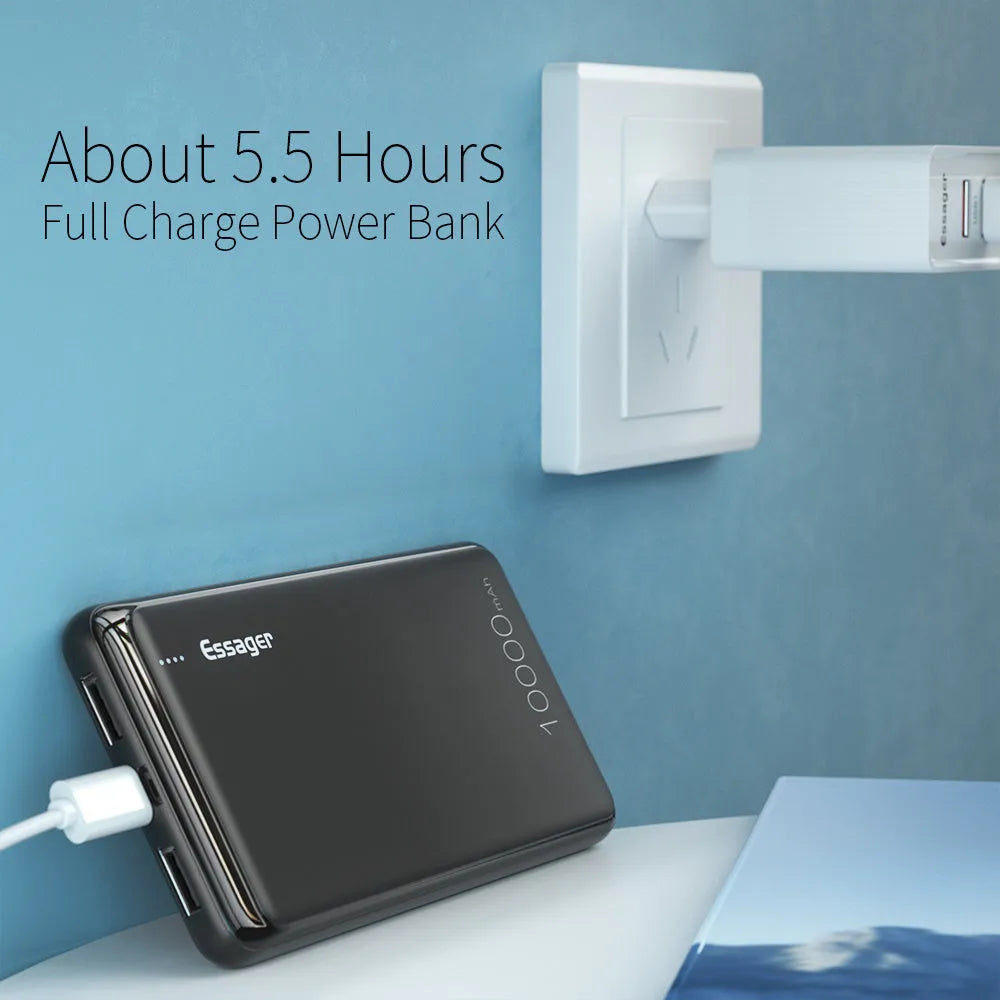 Essager Small Jane black and white 10000mAh portable power bank showing size and dual USB ports