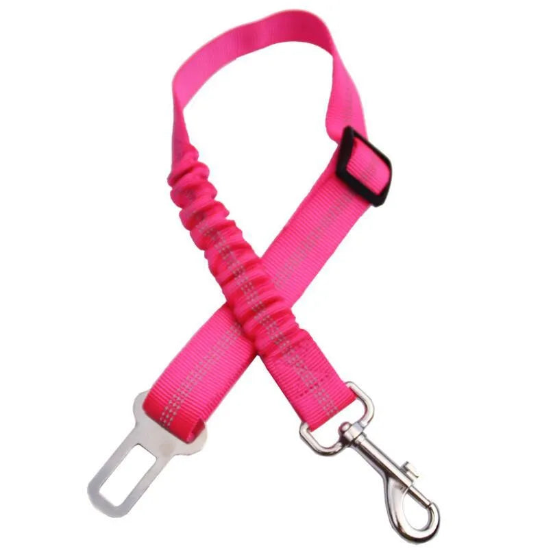 Black adjustable dog seat belt with reflective safety rope attached to car seat belt buckle, polyester webbing and alloy joint visible
