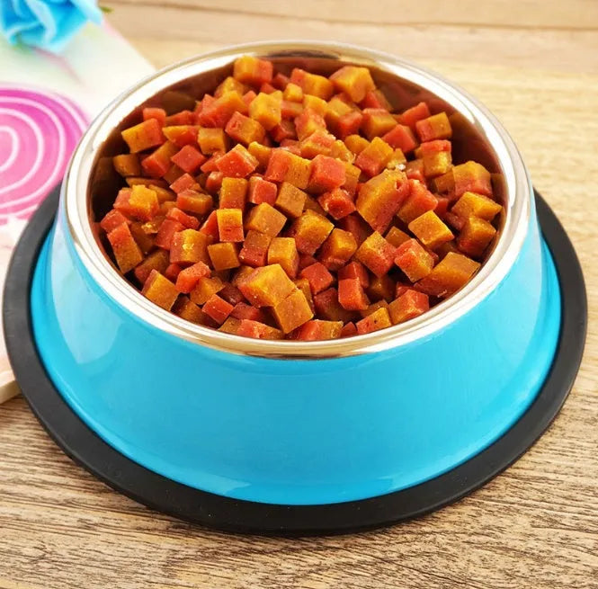 Stainless steel pet bowl with colourful melamine exterior and non-slip rubber base in multiple colour options