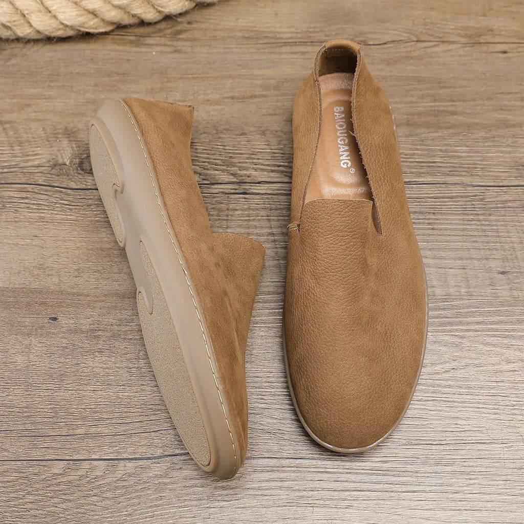 Men's handmade casual shoes in soft cowhide leather with wedge sole, shown in khaki colour
