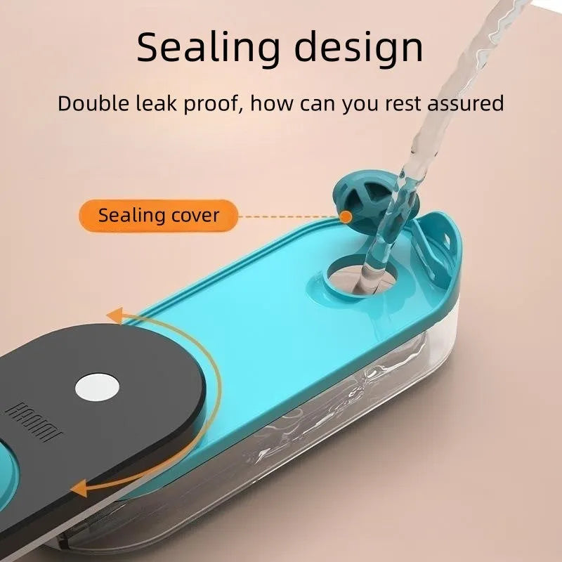 Portable blue dog water bottle with a foldable silicone drinking bowl attached