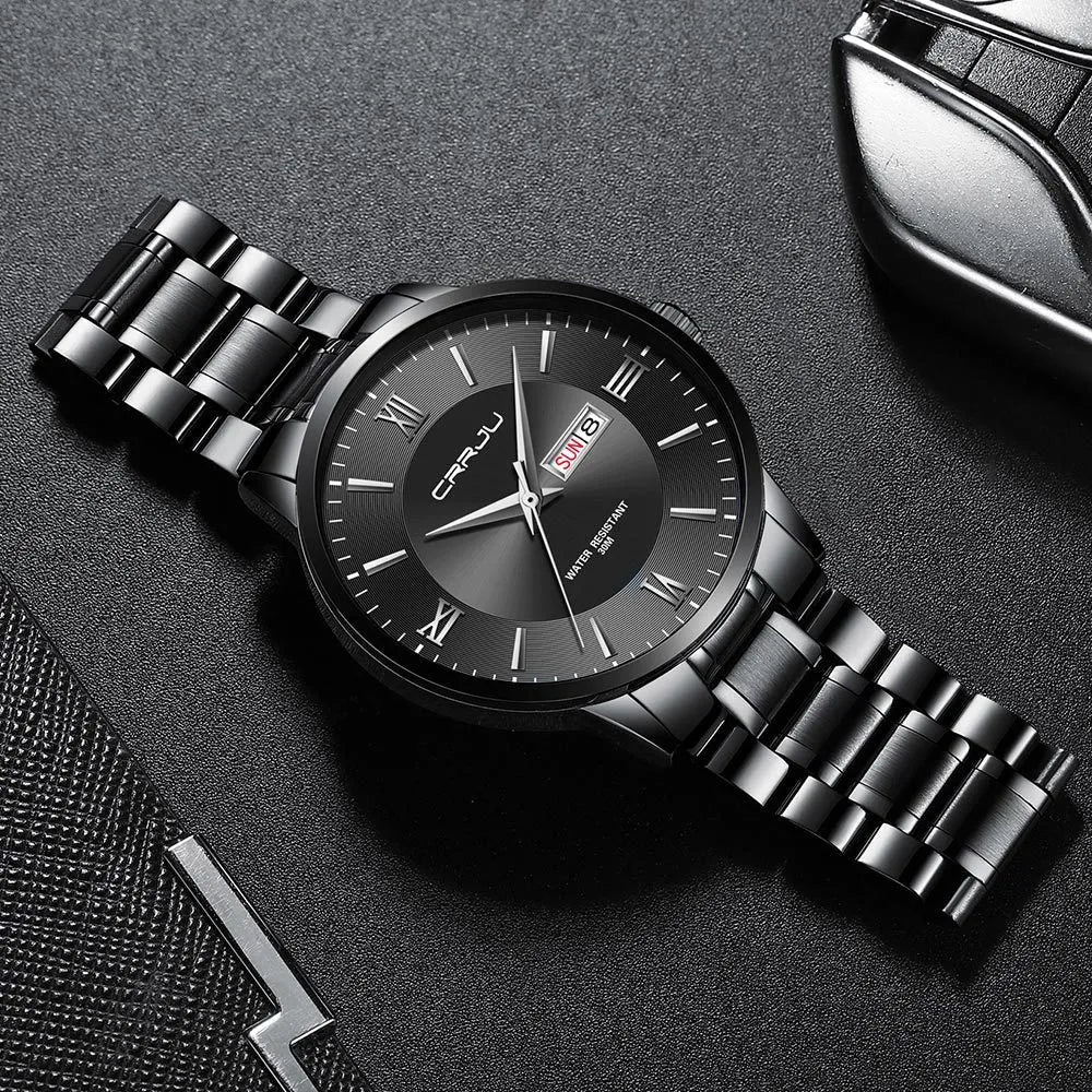 Men's casual business quartz watch with alloy case, 30m waterproof, plexiglass mirror, available in multiple colours