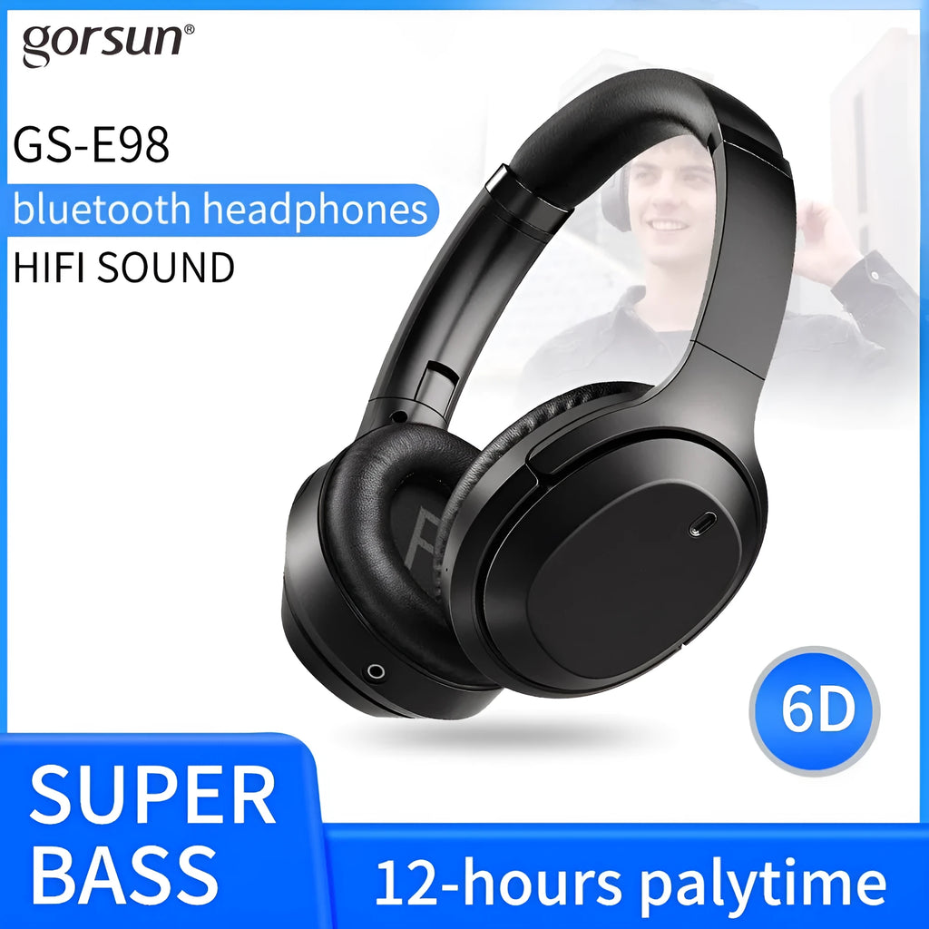 Black Gorsun E98 over-ear wireless Bluetooth headphones with padded headband and memory-protein ear cushions.