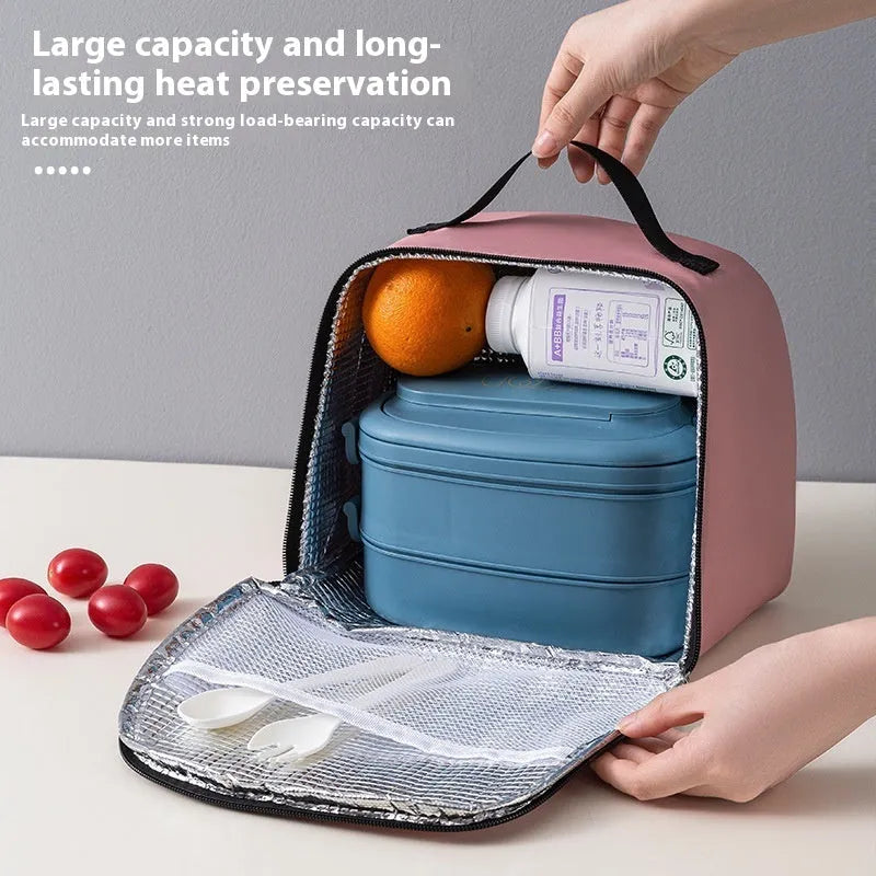Insulated lunch box bag in textured cloth material showing colour options