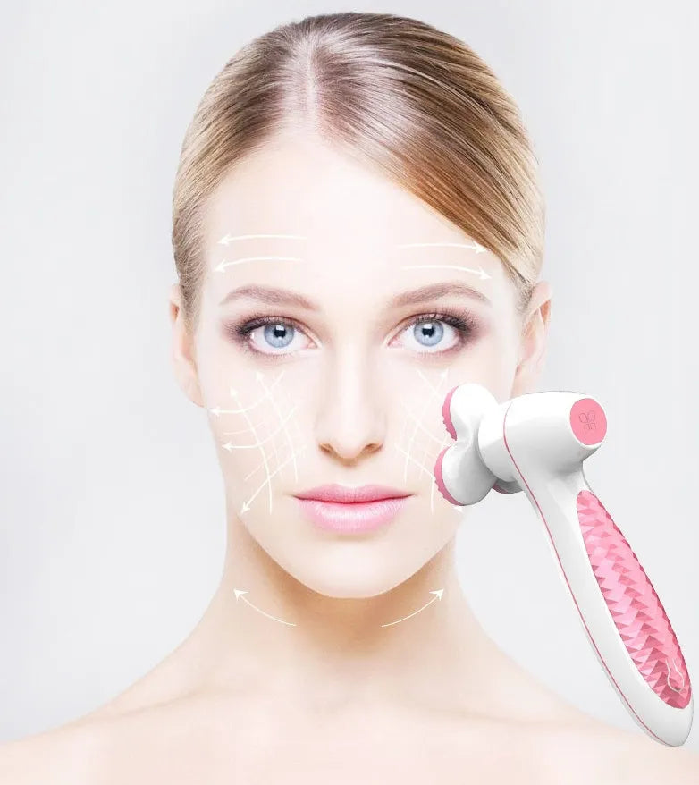 Three round 3D silicone facial cleansing instrument with double cleaning action, V-shaped muscle fit design, blue or pink