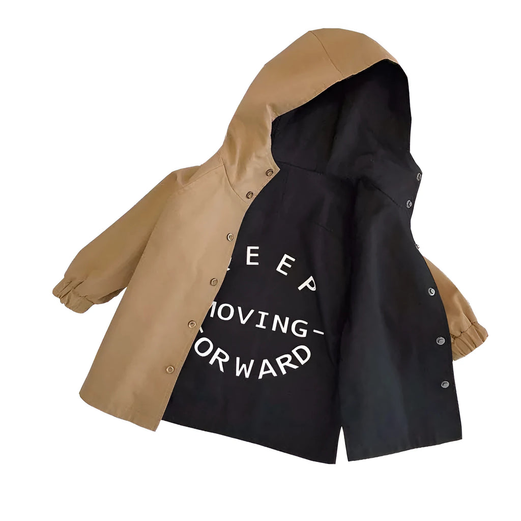 Boys reversible cotton blend spring coat in photo colour with hood and stand collar