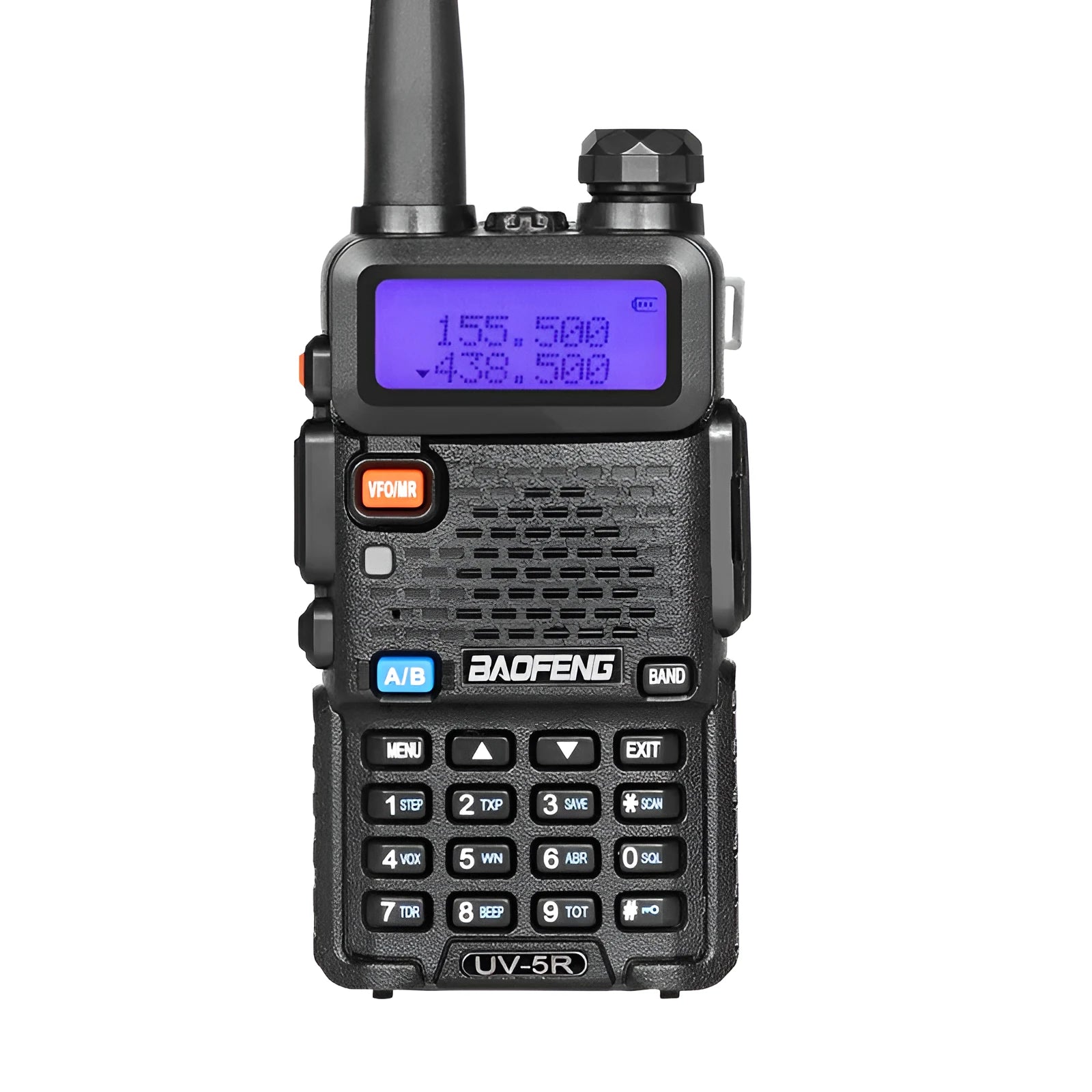 Compact black walkie talkie with LCD display, shown with its antenna extended.