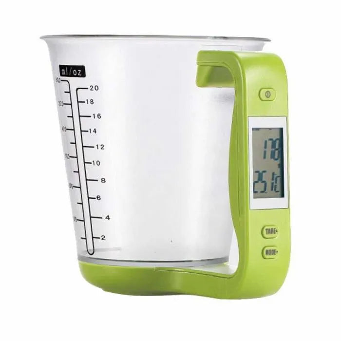 Green digital measuring cup scale with LCD display showing weight measurement