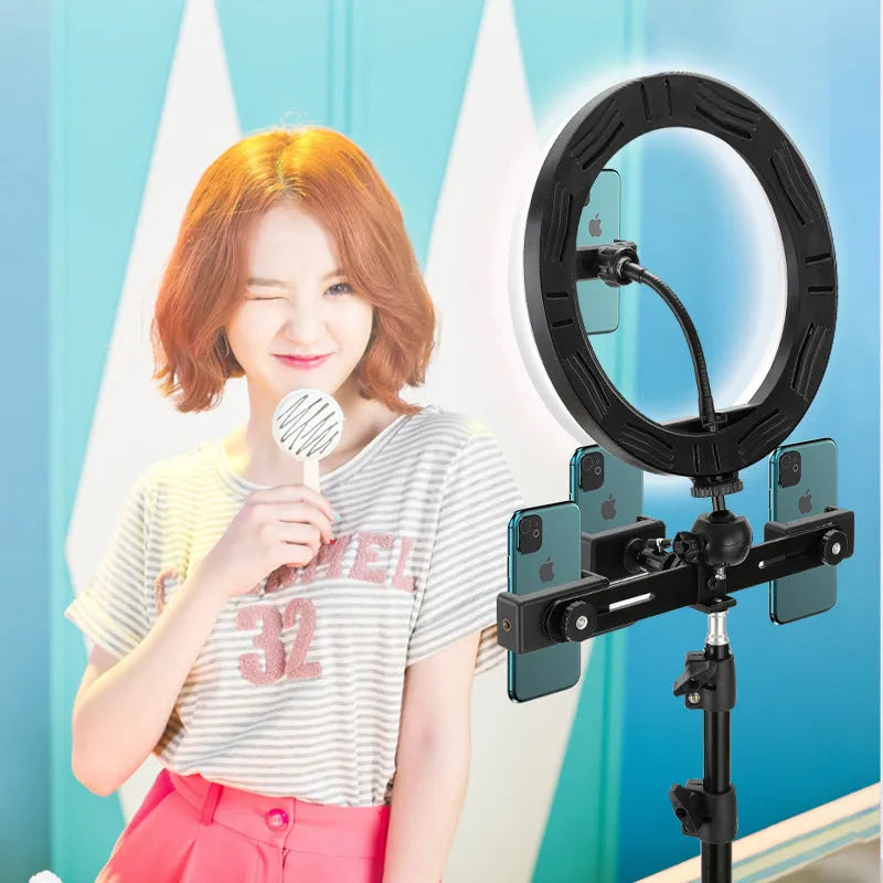 10-inch ring selfie beautifying light mounted on a 19cm metal stand bracket.