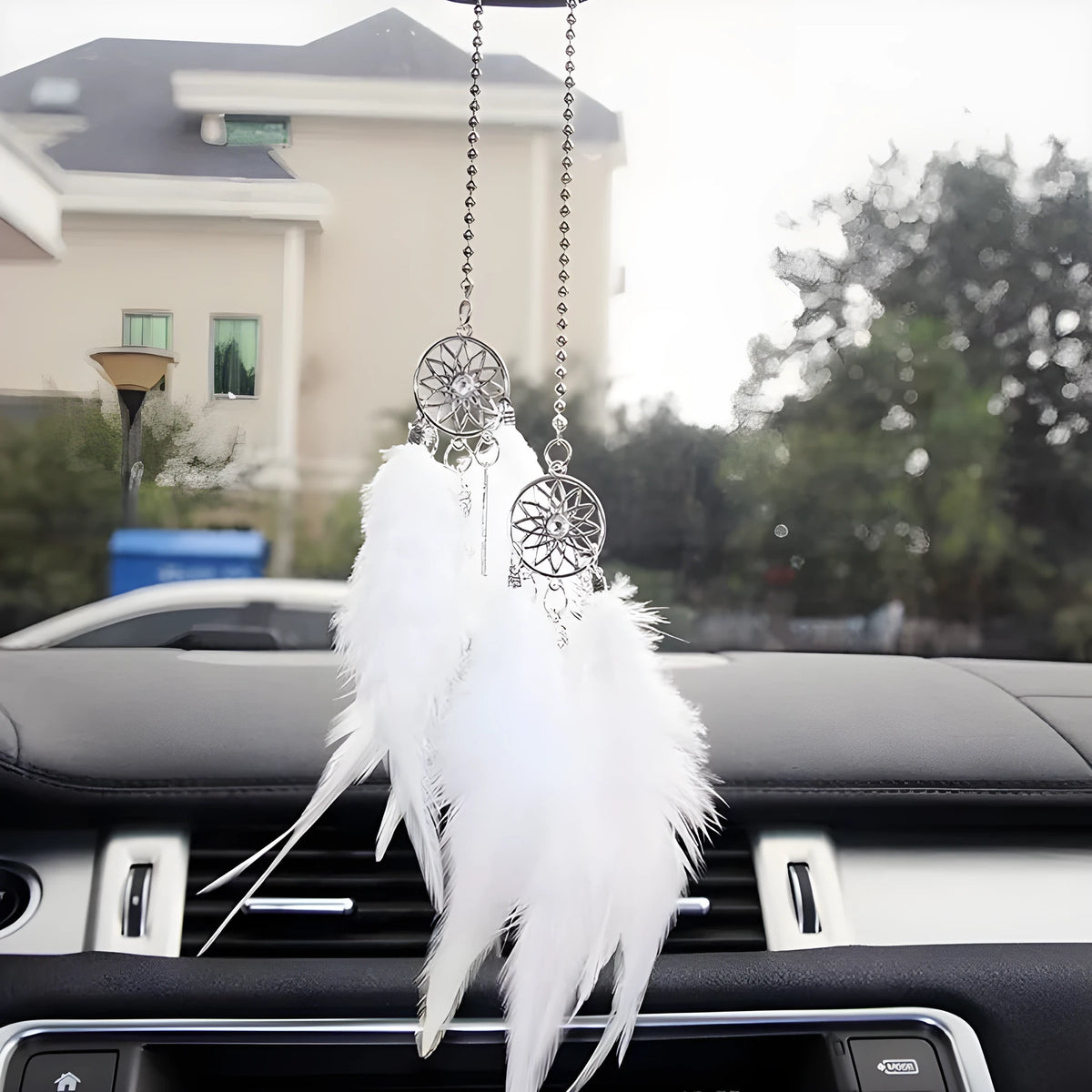 Dreamcatcher car ornament with metal and feather detail, hanging car charm in six colours