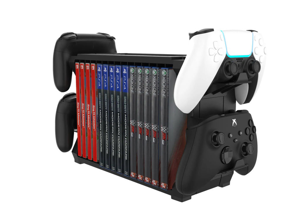 Black PS5 and Xbox Series X disc holder with controller storage compartments