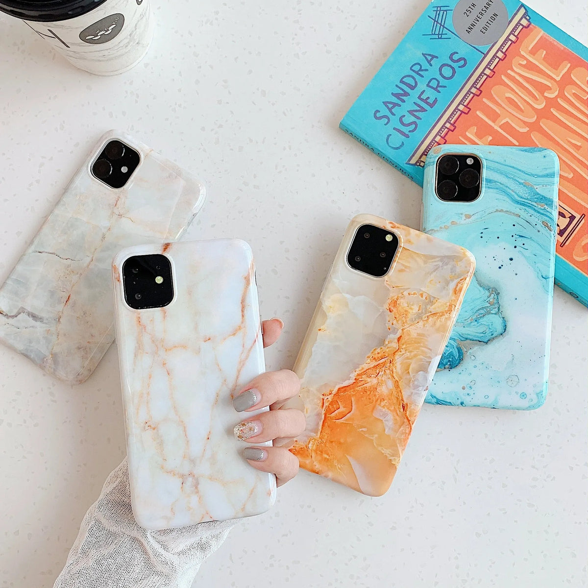 Frosty marble silicone phone case for iPhone with geometric pattern in jade green colour
