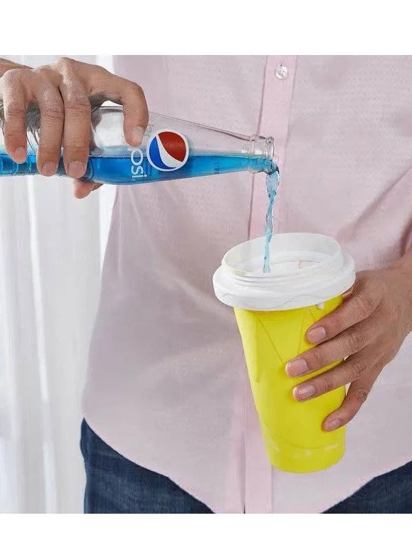 Blue quick cooling pinch cup with double-layer cylindrical design on a table.
