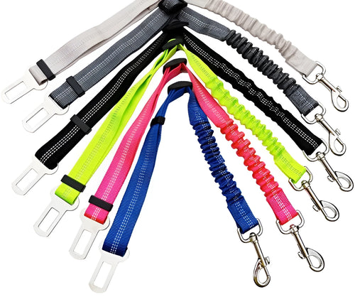 Black adjustable dog seat belt with reflective safety rope attached to car seat belt buckle, polyester webbing and alloy joint visible