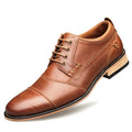 Men's leather lace-up casual shoes with cowhide upper and rubber sole in brown