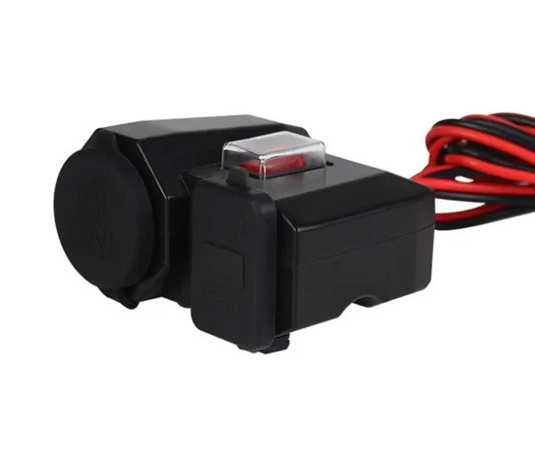 Black dual USB waterproof motorcycle charger with voltmeter and cigarette lighter mounted on handlebar