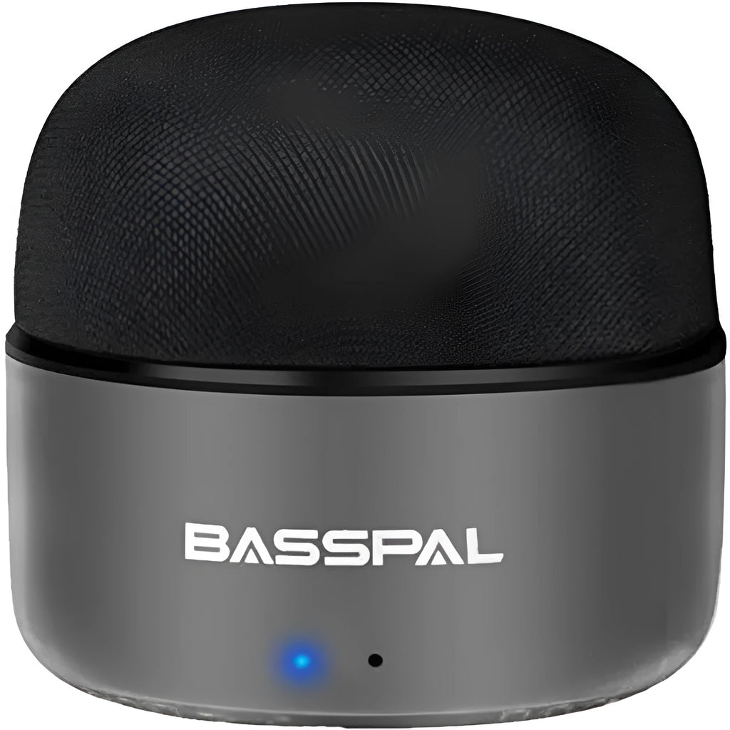 Black portable mini waterproof Bluetooth speaker with button controls.