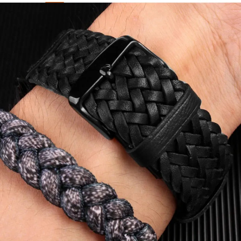 Hand woven genuine leather watch strap with alloy pin buckle, 20mm width, black with silver buckle