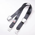 Black polyester pregnancy seat belt extender with double aircraft buckle installed on a car seat