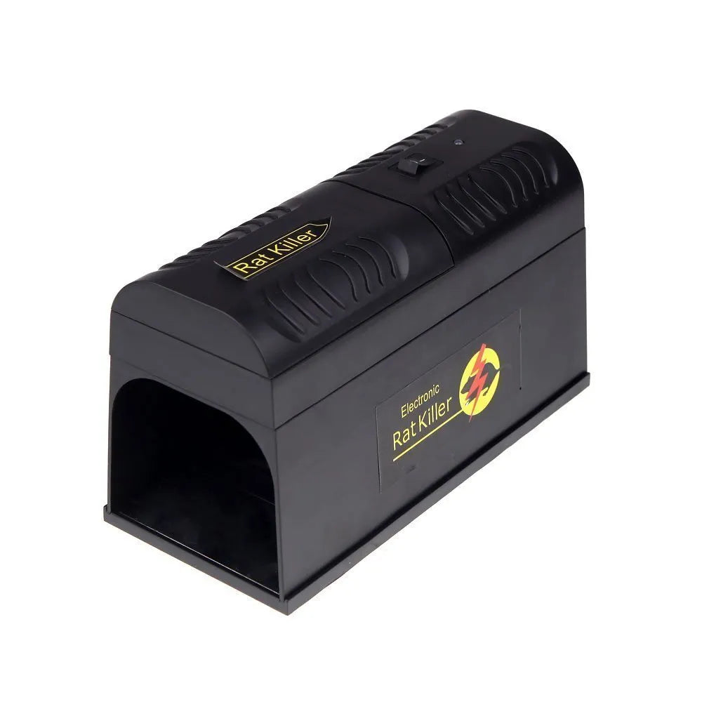 Black electronic rodent killer device measuring 208x115x75mm with high voltage trigger for pest control