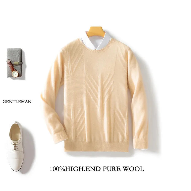 Men's round neck sweater pullover solid colour jacquard loose fit long sleeve mercerized craft