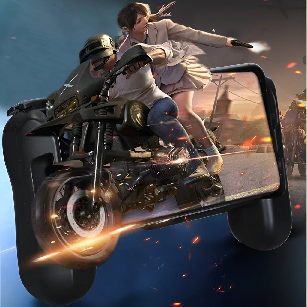 Black cooling Bluetooth game controller for iPhone showing size and button layout.