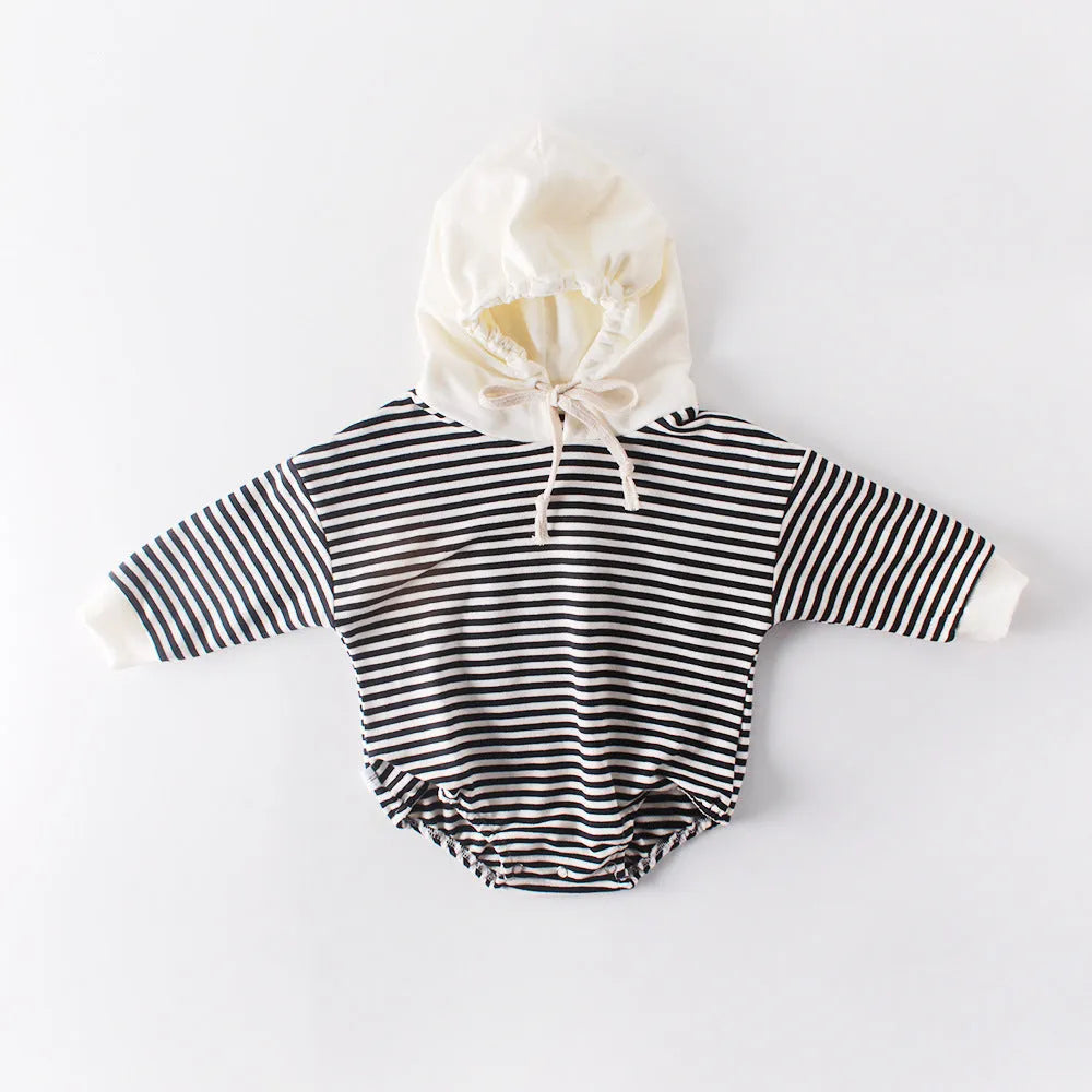 Baby striped hooded one-piece climbing suit in black stripe, 100% cotton, sizes 66-90cm