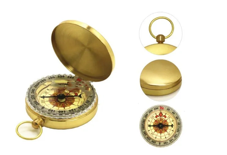 Metal flip compass outdoor pocket watch compass gold colour copper-tone close-up