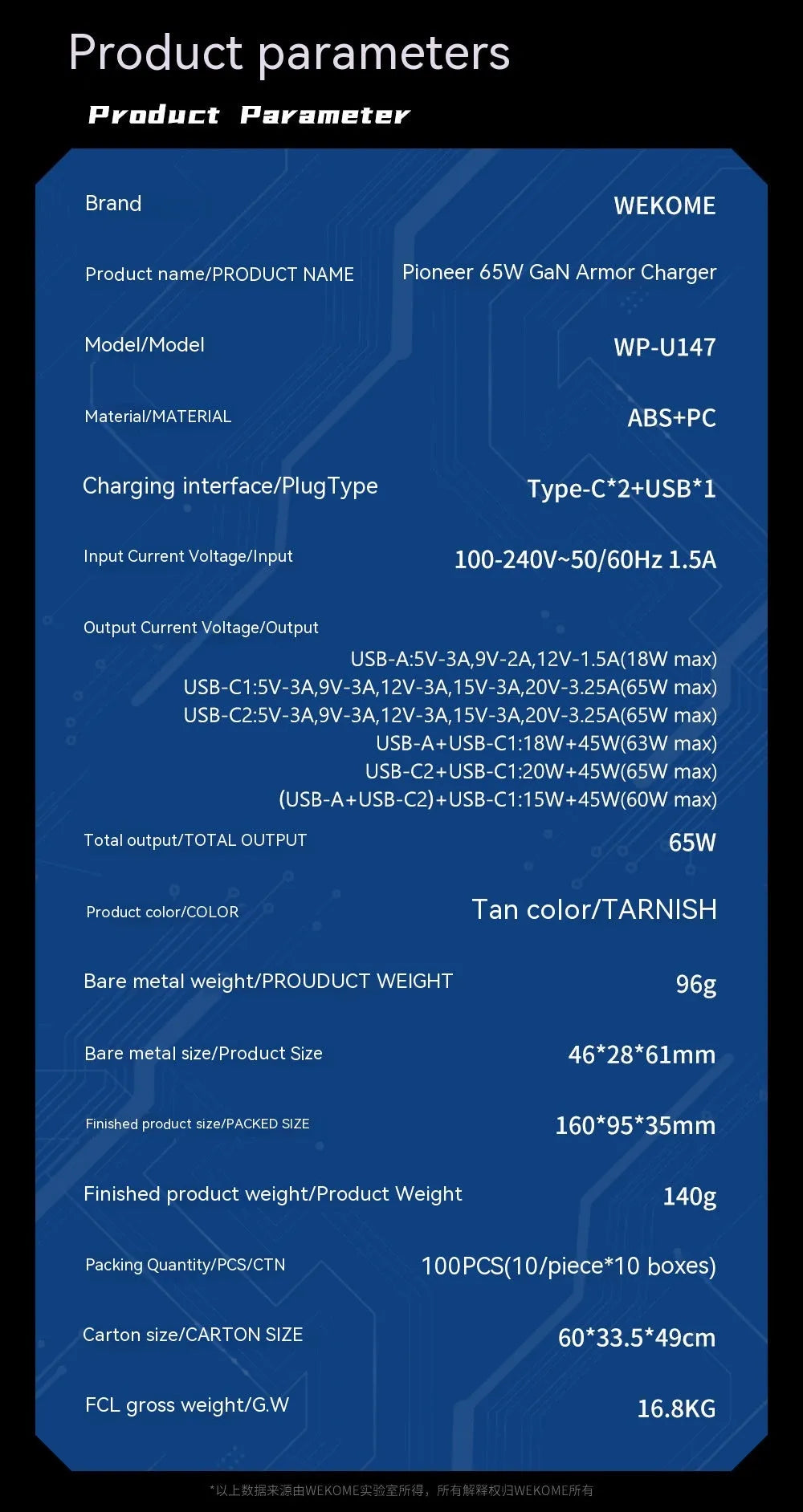 65W gallium nitride charger with foldable pins, Type-C output, tarnish colour, ABS PC casing