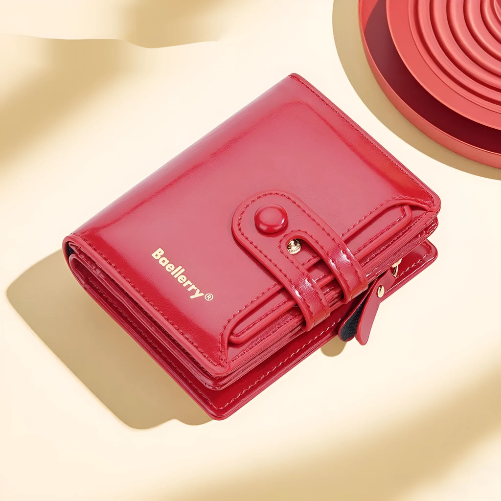 Women's PU leather bifold wallet card holder shown in multiple colour options.