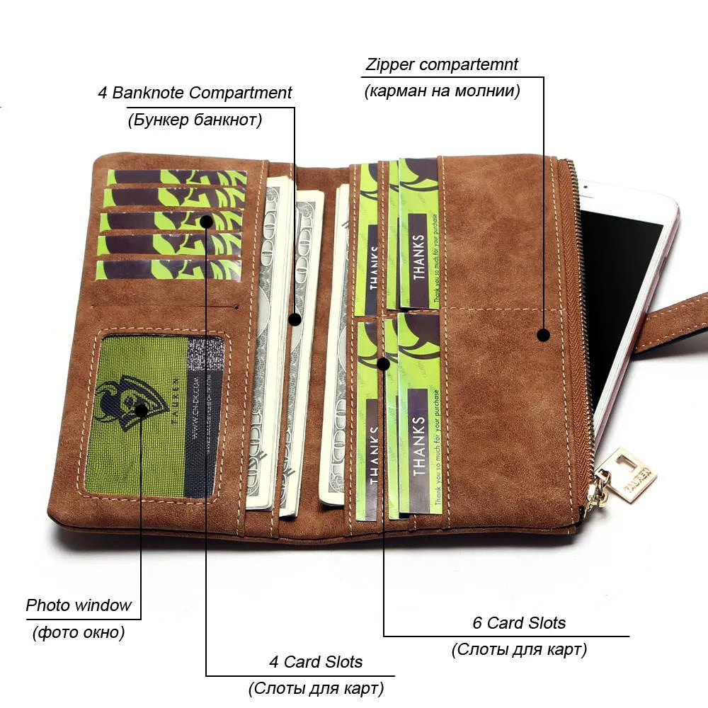 Army green retro matte PU leather long bifold women's wallet with zip closure open to show card slots and phone pocket.