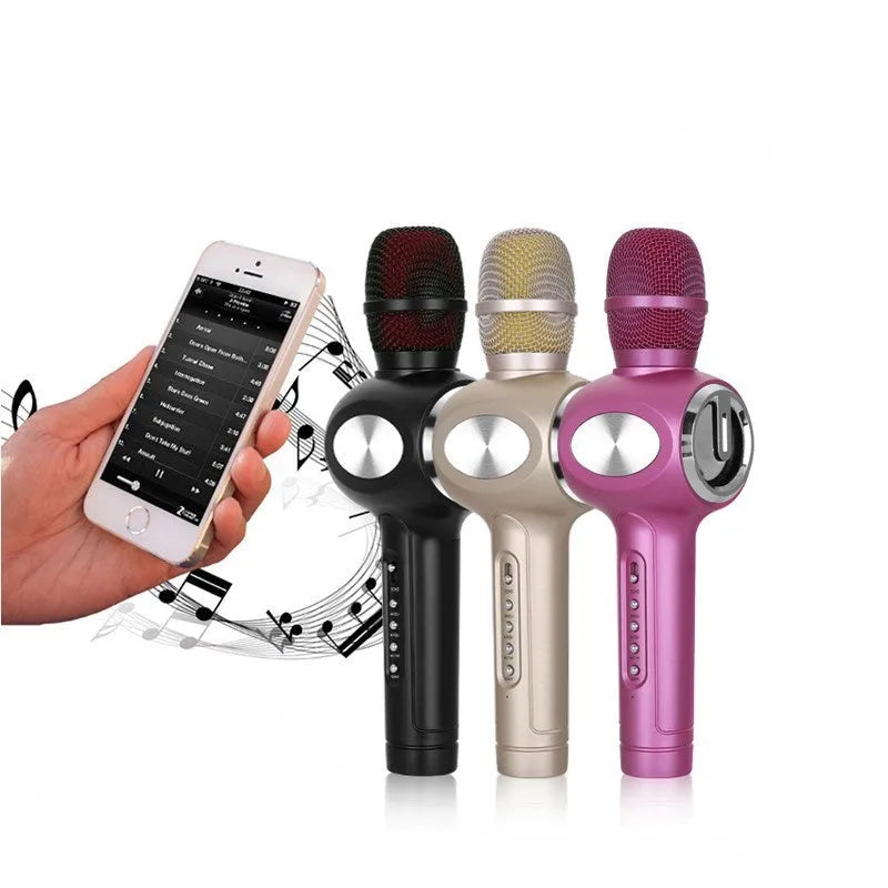 Yaerjia E108 black mobile karaoke microphone with built-in speaker grill and controls.