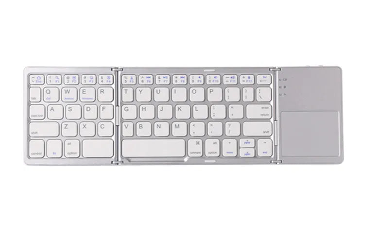 Black tri-fold Bluetooth keyboard with touchpad shown in folded and unfolded positions