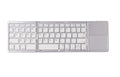 Black tri-fold Bluetooth keyboard with touchpad shown in folded and unfolded positions