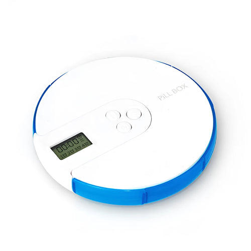 7-compartment alarm clock pill dispenser showing colourful options and compact 11 cm design
