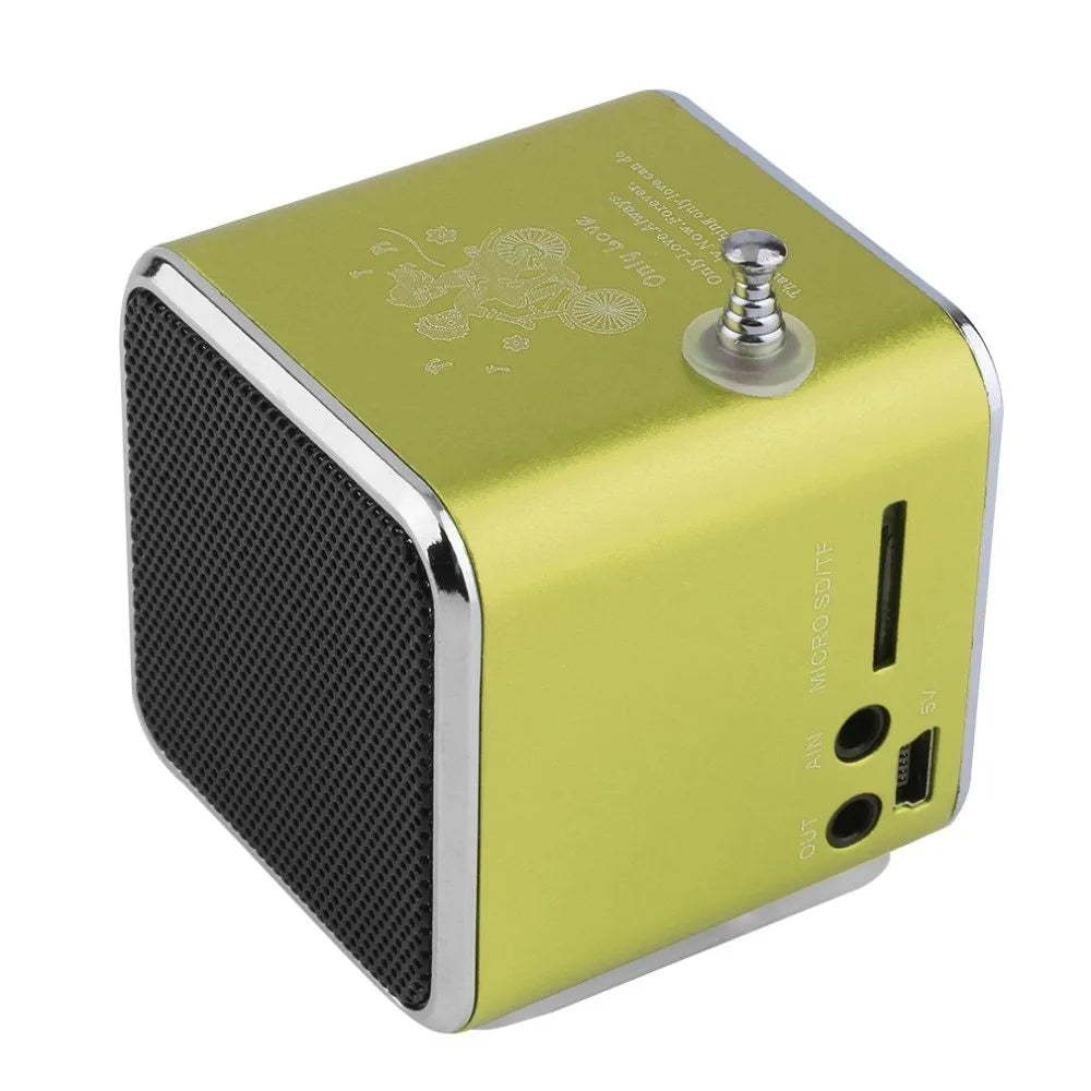 TD-V26 portable mini FM radio speaker MP3 player with LCD display and aluminium alloy body in silver