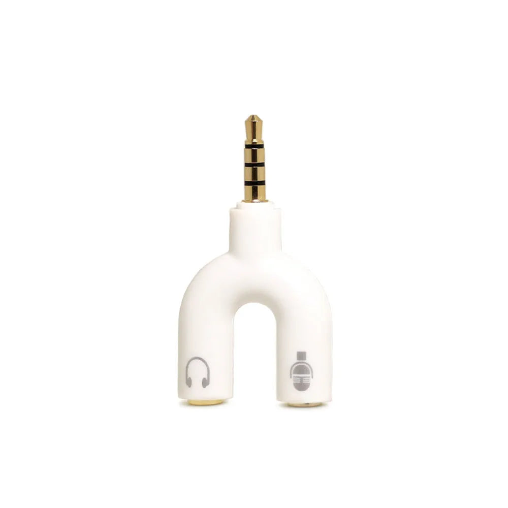 White 3.5mm audio splitter adapter with one male and two female gold-plated connectors on a dark background.