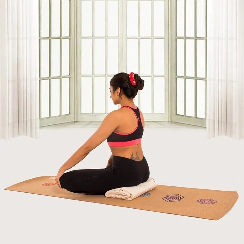 7 Chakra cork yoga mat, 183x68cm, with cork top and TPE or rubber base, rolled out on floor