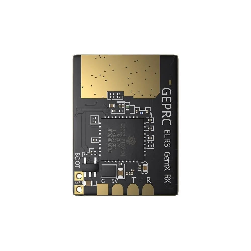 ELRS dual-frequency Gemini receiver with metal case and two T-shaped antennas.