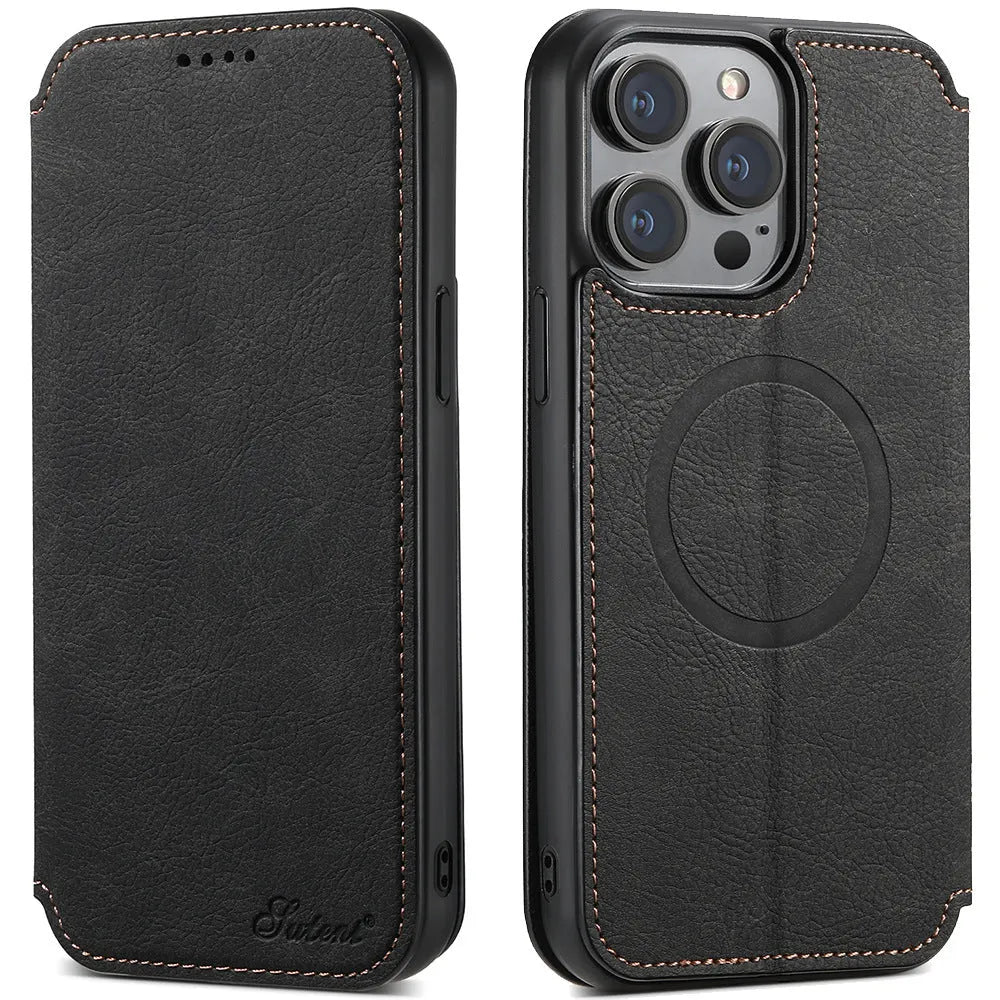 Magnetic wireless charger protective leather case phone case with bracket and card slot in J05 Black
