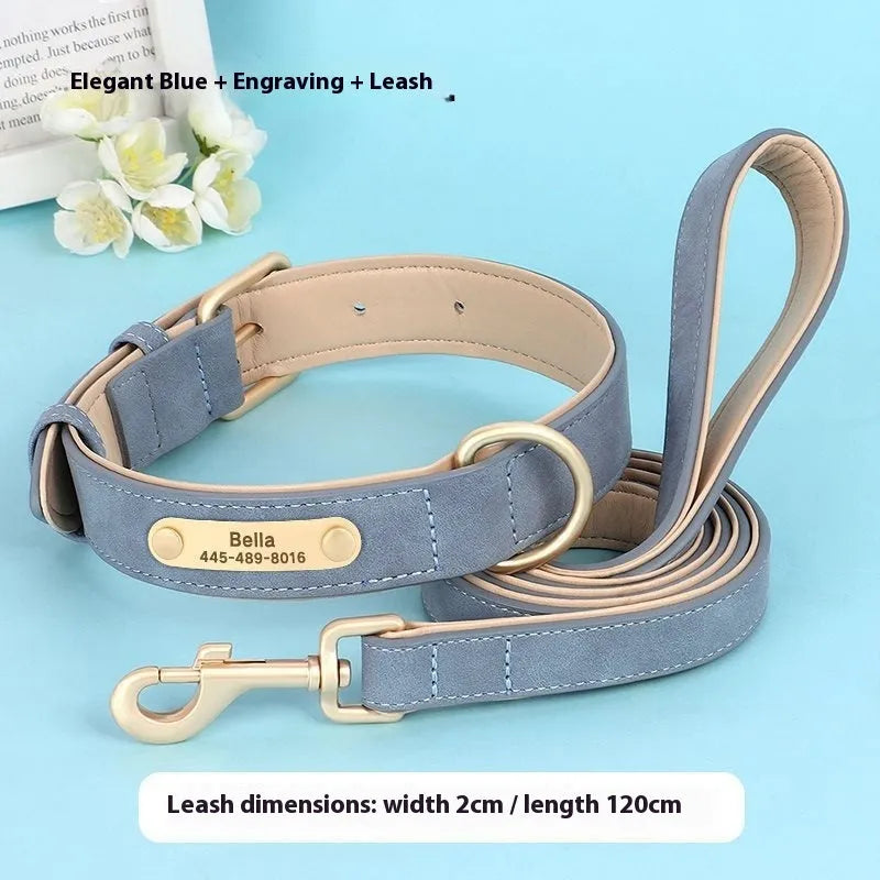 Double-layer leather dog collar and matching lead in rose red, brown or blue