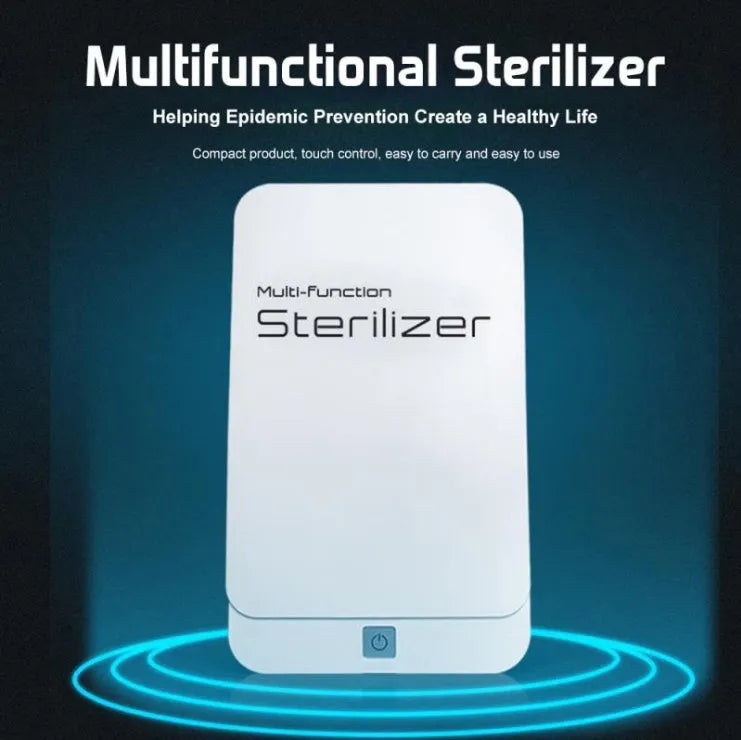 Blue portable UV phone steriliser unit with closed lid, shown next to a mobile phone for size comparison.
