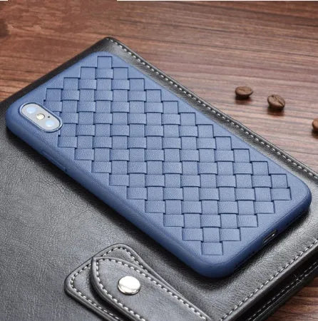 Black luxury grid weaving TPU phone case for iPhone, showing raised edges and precise button cutouts.