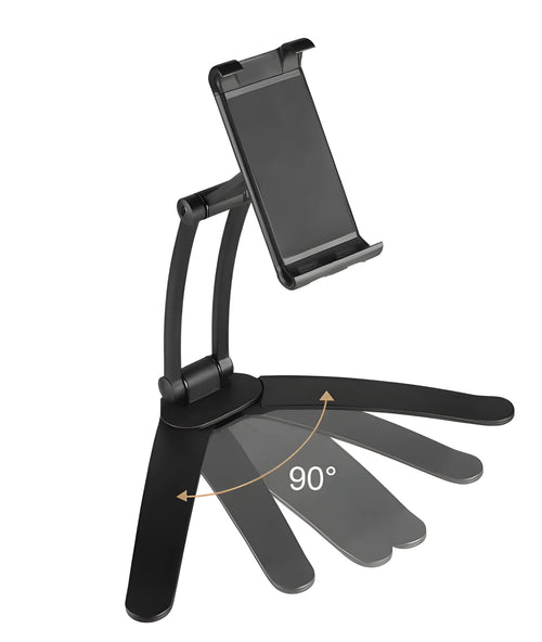 Silver aluminum alloy desktop stand holding a tablet at an angle, showing its adjustable clip and 360-degree rotation base.
