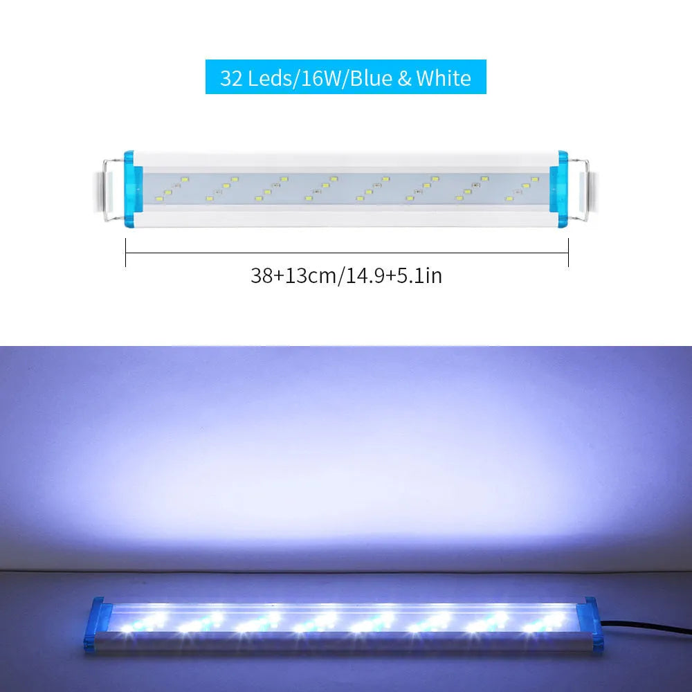 Ultra-thin PVC aquarium light bar with blue and white LEDs shown above a fish tank.