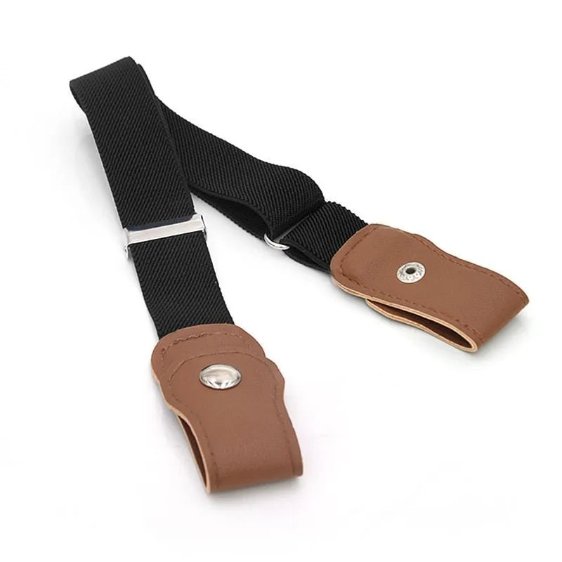 Imitation leather belt with square alloy buckle and car suture stitching on neutral background